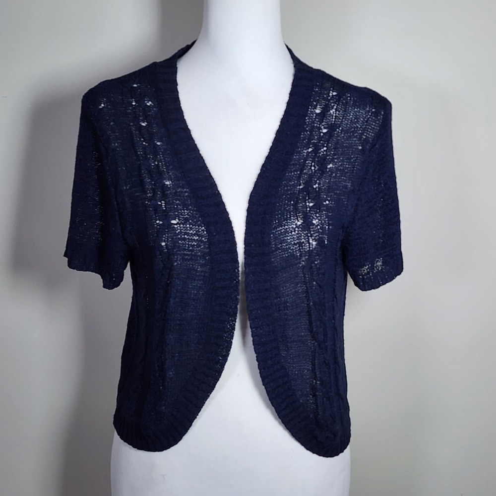 Crochet Lace Shrug Cardigan Womens Small Navy Bolero Beach Vacation Event Boho